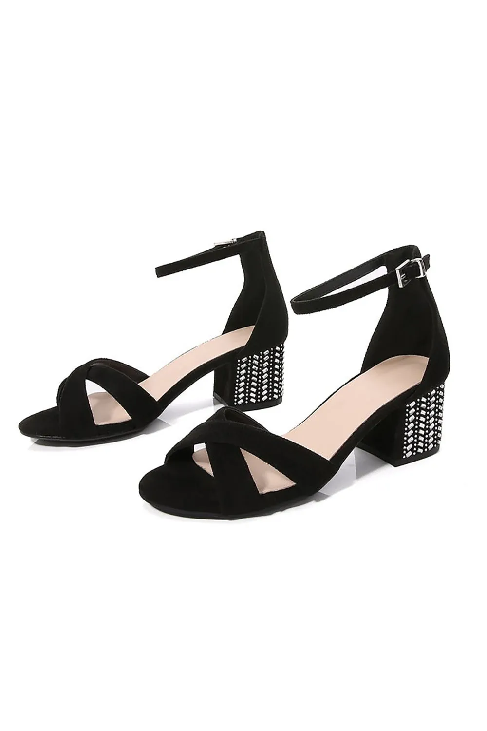 Black Cross Ankle Strappy Chunky Heels Sandals