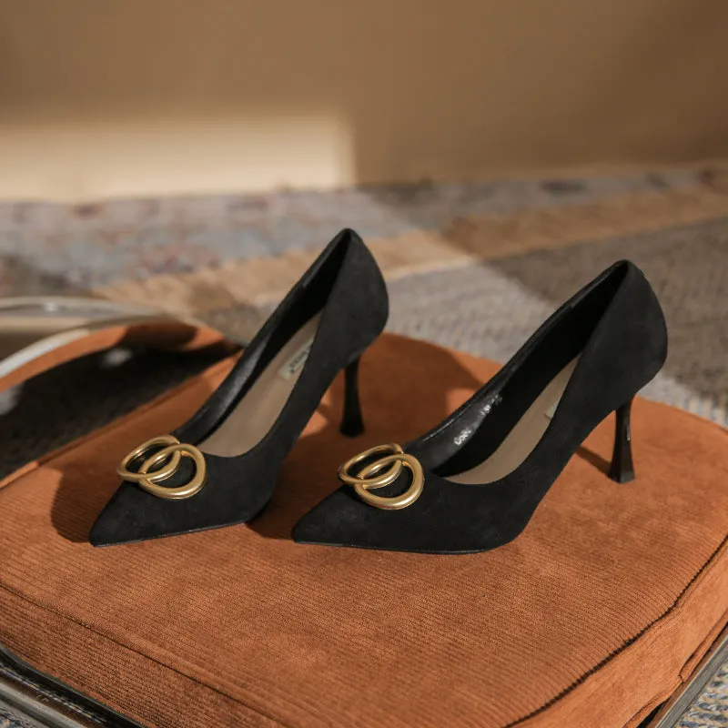 Fine Heel Suede Metal Buckle Heels