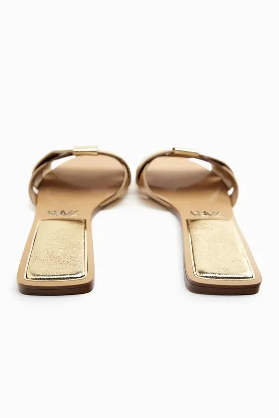 FLAT CRISS-CROSS LEATHER SLIDER SANDALS - GOLDEN