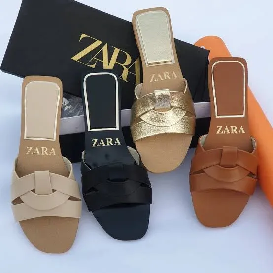 FLAT CRISS-CROSS LEATHER SLIDER SANDALS - GOLDEN