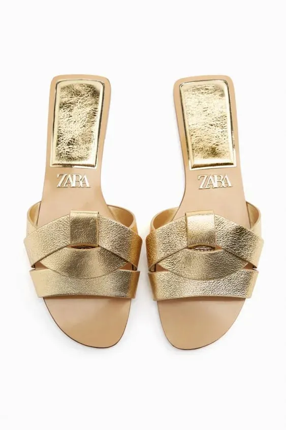 FLAT CRISS-CROSS LEATHER SLIDER SANDALS - GOLDEN