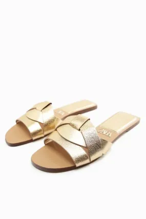 FLAT CRISS-CROSS LEATHER SLIDER SANDALS - GOLDEN
