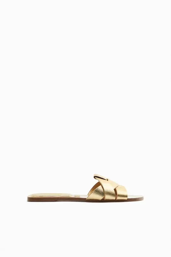 FLAT CRISS-CROSS LEATHER SLIDER SANDALS - GOLDEN