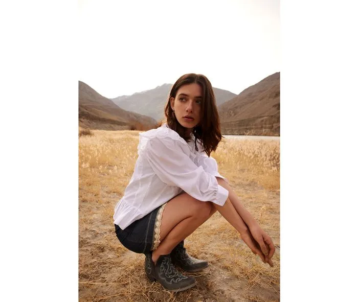 Maisie Stitched Leather Boots in Dusty Blue
