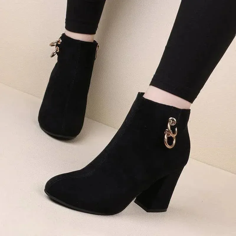 Women's Vintage Retro Plush Warm Autumn Winter Ankle Boots Block Heel Zipper High Heels