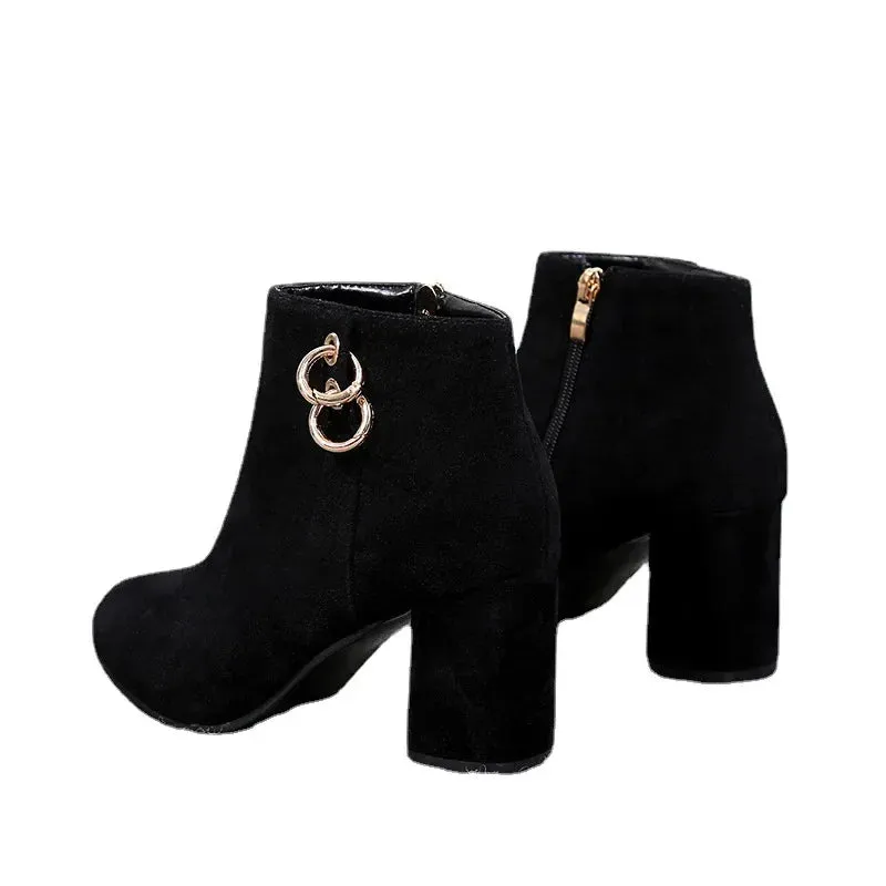 Women's Vintage Retro Plush Warm Autumn Winter Ankle Boots Block Heel Zipper High Heels